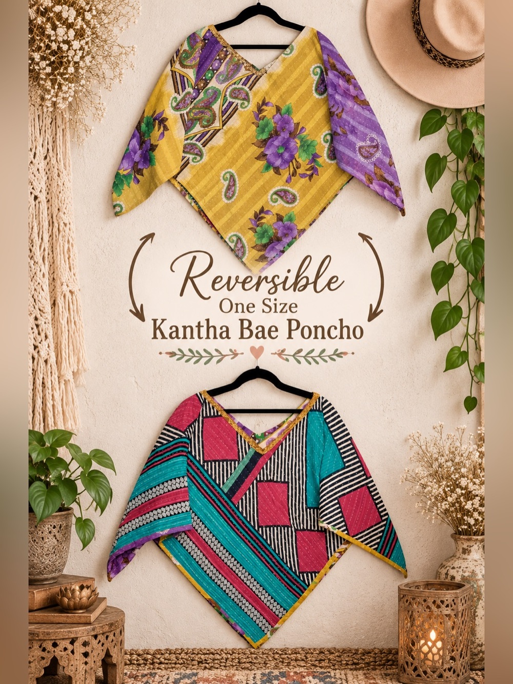 🌼 Kantha Bae Reversible One Size Kantha Poncho Boho Patchwork Top